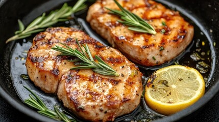 Poster - Grilled pork steak with rosemary and lemon sauce in skillet, dark background with empty space for text.