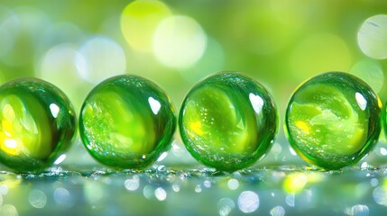 Aufkleber - Close up of green glass marbles arranged in a row with reflections in vibrant colors and soft bokeh background with ample copy space for text