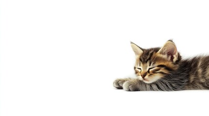 Close up of a sleeping gray tabby kitten on white background with empty space for text, soft fur details and relaxed posture in natural light