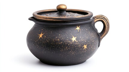 Poster - Ceramic pot with starry night design featuring gold accents and a lid on a white background with Copy Space