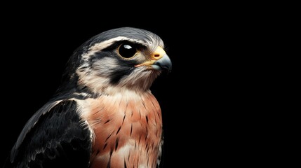 Aufkleber - Close up portrait of a pink-footed falcon female in striking detail against a black background showcasing its vibrant plumage with empty space for text.