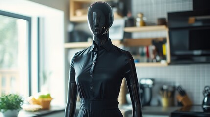 Poster - Black glossy mannequin in modern kitchen setting with natural light and minimalistic decor featuring household appliances and utensils. Copy Space