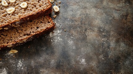 Aufkleber - Close up of freshly sliced whole wheat banana bread on a textured dark stone surface, showcasing healthy gourmet breakfast appeal with empty space for text.