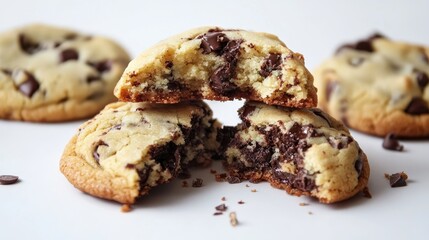 Poster - Close up of half eaten homemade chocolate chip cookies in a crumbled heap on a bright white background with ample empty copy space for text