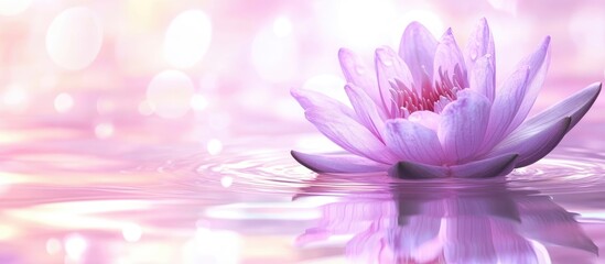 Poster - Delicate purple water lily in full bloom floating on tranquil water surface with soft reflections and dreamy pink bokeh background for text space