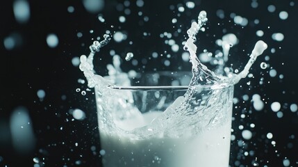 Aufkleber - Dynamic splash of fresh milk in a clear glass on a textured black background with water droplets and negative space for text.