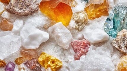 Poster - Colorful assortment of various gemstones and minerals on white background with Copy Space for text placement