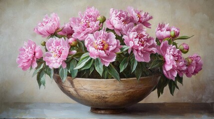Poster - Pink peonies in rustic wooden bowl with green leaves on neutral background Copy Space