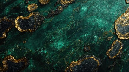 Aufkleber - Green bold granite stone texture with black and gold patterns on a dark emerald background, featuring ample empty copy space for text.