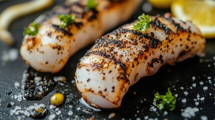 Poster - Grilled squid with black salt and fresh herbs on a dark slate background with empty space for text in a high-resolution close-up shot.