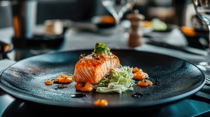 Poster - Close up view of fresh salmon filet drizzled with sauce on a black plate with sliced cabbage garnished with herbs in a modern restaurant setting
