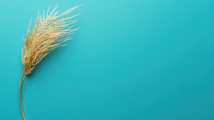 Poster - Golden Dandelion Seed Against Teal Blue Background with Empty Space for Text and Soft Lighting in Studio Setting