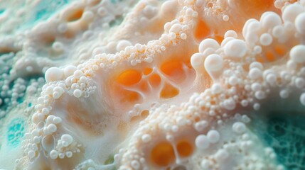 Poster - Abstract close-up of bubbles and foam in creamy texture with orange highlights on a turquoise background with Copy Space