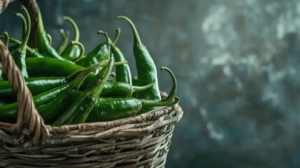 Poster - Close up of fresh green chili peppers in a rustic wicker basket on a textured dark background with ample copy space for text