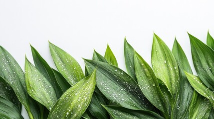 Poster - Fresh green leaves with dew drops arranged on a white background with negative space for text, top view, natural lighting, high detail.