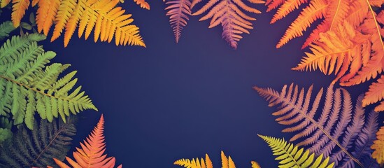 Poster - Vibrant Nature Background Featuring Colorful Ferns in Shades of Green, Orange, and Purple Against a Dark Blue Canvas with Text Space