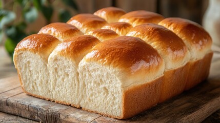 Aufkleber - Freshly Baked Golden Loaf of Soft Bread on Rustic Wooden Surface in Cozy Home Kitchen with Natural Light and Greenery Background