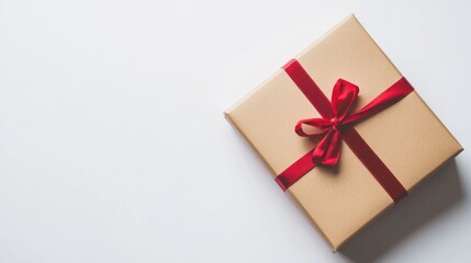 Poster - Elegant brown gift box with red ribbon and bow on a pristine white background, perfect for holiday promotions or special occasions.