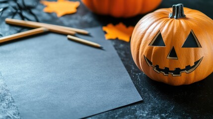 Poster - Close up of orange Halloween pumpkin with carved face, black craft paper, and wooden pencils on dark textured background with autumn leaves