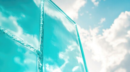 Poster - Abstract glass structure reflecting clouds against a bright sky with blue and white hues Copy Space