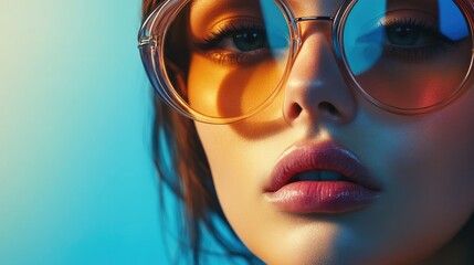 Aufkleber - Close up portrait of a woman with tinted round glasses and glossy lips against a vibrant blue and orange gradient background with empty text space.
