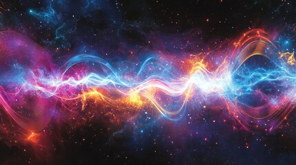 Fototapete - Vivid neon wave pattern with dynamic light trails in vibrant pink, blue, and orange against a deep space cosmic backdrop with ample negative space for branding