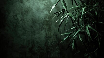 Poster - Close-up of vibrant green cannabis leaves in soft dim light against a textured dark background with ample empty space for creative text placement
