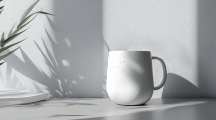 Poster - Minimalist white ceramic mug with speckles and handle on a light background with shadows and foliage, Copy Space available