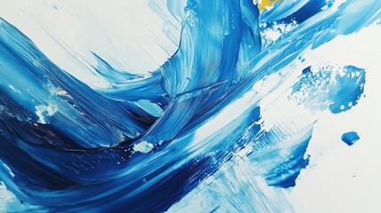 Poster - Abstract blue paint strokes on white canvas with dynamic texture and vibrant color details featuring ample copy space for text inclusion.