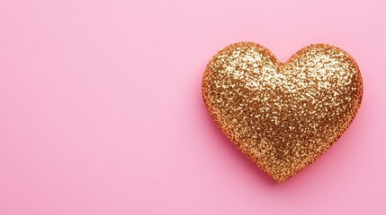 Poster - Close-up of shimmering golden glitter heart on soft pink background ideal for Valentine's Day postcard design with ample empty space for text.