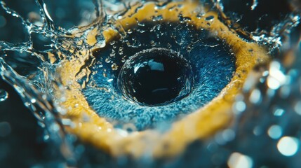 Poster - Close-up of water splashing around circular orange and blue object with dark center and copy space for text.