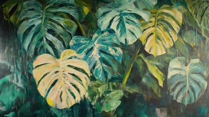 Poster - Green tropical foliage painting with Monstera leaves in vibrant shades and textures featuring ample copy space for text placement.