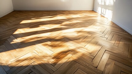 Poster - Light and shadow patterns on wooden herringbone floor in an empty room with natural sunlight Copy Space