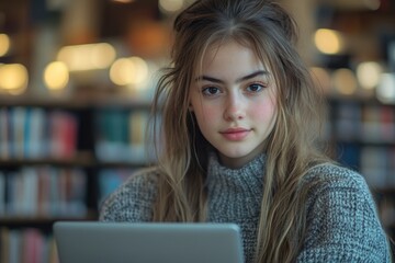 Poster - a young woman sits in front of a laptop computer, focused on her work