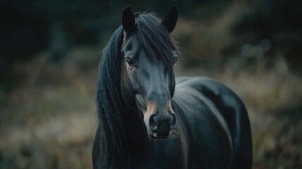 Poster - Majestic Close-Up Portrait of Dark Black Mustang with Flowing Mane and Forelock in Lush Green Natural Setting with Soft Focus Background and Copy Space