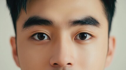 Poster - Close-up portrait of a young man with sleek black hair and expressive brown eyes against a soft neutral background, featuring ample empty copy space for text.