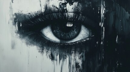 Poster - Abstract black and white eye artwork with paint drips and textures Copy Space for text placement