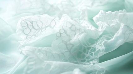 Poster - Soft translucent mint green fabric with delicate lace details, intricate texture and patterns, ideal for layered design with copy space.