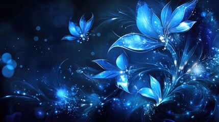 Poster - Blue glowing floral abstract design with butterflies and sparkles on dark background with Copy Space for text placement