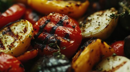 Aufkleber - Close up of colorful grilled vegetables including red tomatoes and yellow squash on a dark background with empty space for text