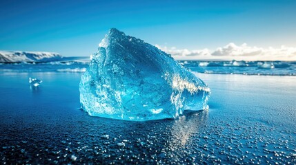 Poster - Glistening Icelandic Glacier Ice Block on Black Sand Beach with Icy Blue Hues and Sparkling Texture Under Clear Sky for Copy Space