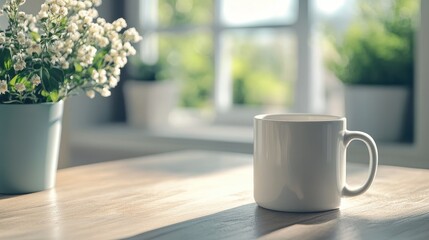 Aufkleber - Morning Coffee Experience with White Mug and Floral Arrangement by Bright Window with Soft Natural Light and Copy Space for Text
