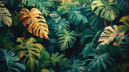 Wall Mural - Lush tropical foliage background featuring various shades of green and yellow monstera leaves with Copy Space for text placement