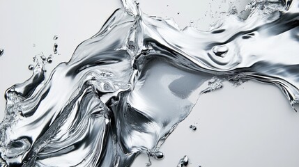 Poster - Fluid silver metal surface with waves and reflections on a gray background, ideal for showcasing texture and movement. Copy Space.