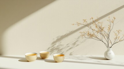 Poster - Minimalist still life composition featuring three ceramic bowls and a vase with dried flowers on a light background with soft shadows and copy space