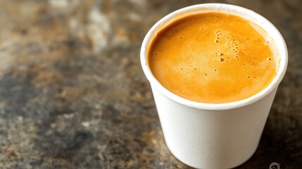 Aufkleber - Golden Brown Coffee in White Takeaway Cup on Rustic Dark Background with Empty Space for Textual Overlay and Creative Concepts