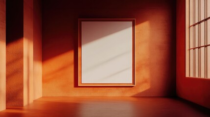 Poster - Modern gallery interior with blank canvas on the wall and natural light casting shadows, minimalistic design, warm color tones, Copy Space