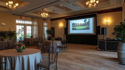 Poster - Elegant conference room with a large screen, set up for a business event with modern decor and a professional setup
