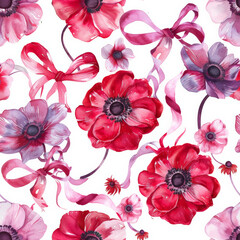 Wall Mural - Vibrant watercolor pattern featuring red and pink anemones with ribbons