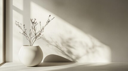 Wall Mural - Minimalist interior scene featuring a white vase with dried branches casting shadows on a neutral wall with natural light Copy Space